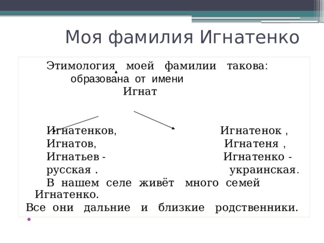  Моя фамилия Игнатенко  Этимология моей фамилии такова :  образована от имени    Игнат  Игнатенков , Игнатенок ,   Игнатов , Игнатеня ,  Игнатьев - Игнатенко -  русская . украинская .   В нашем селе живёт много семей Игнатенко. Все они дальние и близкие родственники. 