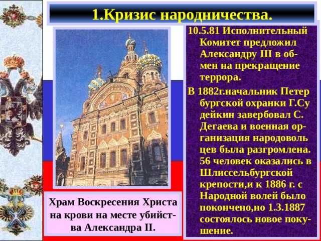1.Кризис народничества. 10.5.81 Исполнительный Комитет предложил Александру III в об-мен на прекращение террора. В 1882г.начальник Петер бургской охранки Г.Су дейкин завербовал С. Дегаева и военная ор-ганизация народоволь цев была разгромлена. 56 человек оказались в Шлиссельбургской крепости,и к 1886 г. с Народной волей было покончено,но 1.3.1887 состоялось новое поку-шение. Храм Воскресения Христа на крови на месте убийст- ва Александра II . 