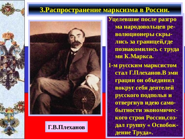 3.Распространение марксизма в России. Уцелевшие после разгро ма народовольцев ре-волюционеры скры-лись за границей,где познакомились с труда ми К.Маркса. 1-м русским марксистом стал Г.Плеханов.В эми грации он объединил вокруг себя деятелей русского подполья и отвергнув идею само-бытности экономичес-кого строя России,соз-дал группу « Освобож-дение Труда». Г.В.Плеханов 