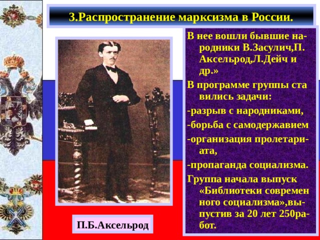 3.Распространение марксизма в России. В нее вошли бывшие на-родники В.Засулич,П. Аксельрод,Л.Дейч и др.» В программе группы ста вились задачи: -разрыв с народниками, -борьба с самодержавием -организация пролетари-ата, -пропаганда социализма. Группа начала выпуск «Библиотеки современ ного социализма»,вы-пустив за 20 лет 250ра- бот. П.Б.Аксельрод 