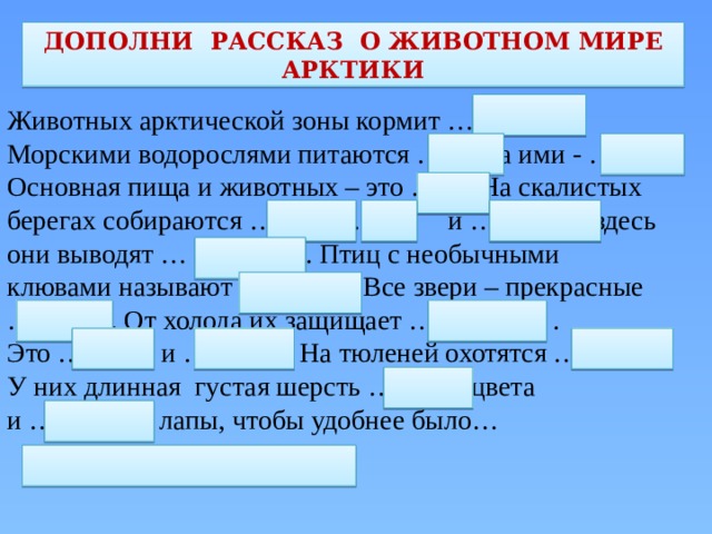 ДОПОЛНИ РАССКАЗ О ЖИВОТНОМ МИРЕ АРКТИКИ Животных арктической зоны кормит …. Морскими водорослями питаются … , а ими - …. Основная пища и животных – это … На скалистых берегах собираются … , … и … , здесь они выводят … . Птиц с необычными клювами называют …. . Все звери – прекрасные … . От холода их защищает … . Это … и …. . На тюленей охотятся … У них длинная густая шерсть … цвета и … лапы, чтобы удобнее было… 
