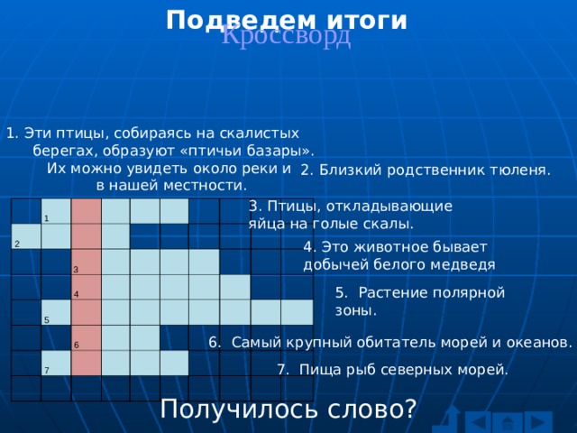 Подведем итоги Кроссворд 1. Эти птицы, собираясь на скалистых  берегах, образуют «птичьи базары». Их можно увидеть около реки и в нашей местности. 2. Близкий родственник тюленя. 3. Птицы, откладывающие яйца на голые скалы.   2   1               3     5   4                 7   6                                 4. Это животное бывает добычей белого медведя 5. Растение полярной зоны. 6. Самый крупный обитатель морей и океанов. 7. Пища рыб северных морей. Получилось слово? 