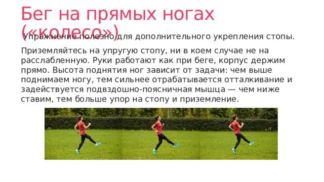 Бег на прямых ногах («колесо») Упражнение полезно для дополнительного укрепления стопы. Приземляйтесь на упругую стопу, ни в коем случае не на расслабленную. Руки работают как при беге, корпус держим прямо. Высота поднятия ног зависит от задачи: чем выше поднимаем ногу, тем сильнее отрабатывается отталкивание и задействуется подвздошно-поясничная мышца — чем ниже ставим, тем больше упор на стопу и приземление. 