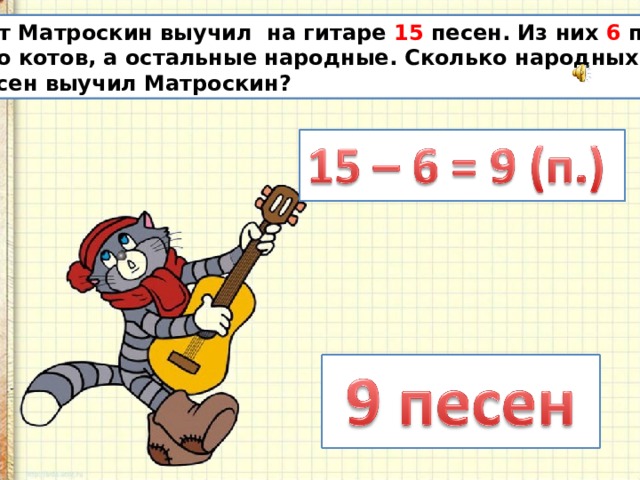 Кот Матроскин выучил на гитаре 15 песен. Из них 6 песен про котов, а остальные народные. Сколько народных песен выучил Матроскин? 