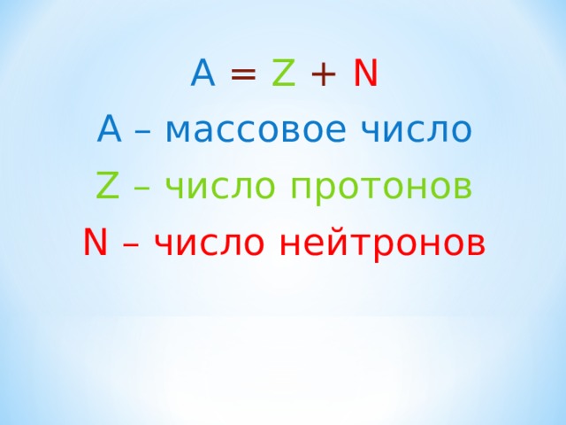 A = Z + N A – массовое число Z – число протонов N – число нейтронов 