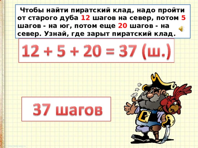 Затем 5. Чтобы найти пиратский клад надо пройти от дуба. Чтобы найти пиратский клад надо пройти от старого. Чтобы найти пиратский клад надо пройти от старого дуба. Пиратский клад надо пройти от старого дуба 12 шагов на Север.