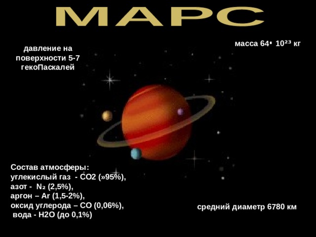 масса 64 10 ²³ кг давление на поверхности 5-7 гекоПаскалей Состав атмосферы: углекислый газ - СО2 (»95%), азот - N ₂ (2,5%), аргон – Ar (1,5-2%), оксид углерода – СО (0,06%),  вода - Н2О (до 0,1%) средний диаметр 6780 км 