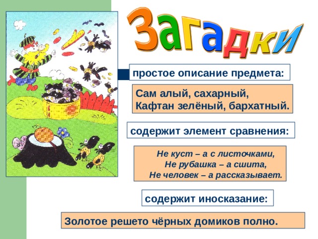 простое описание предмета:  Сам алый, сахарный, Кафтан зелёный, бархатный. содержит элемент сравнения:  Не куст – а с листочками, Не рубашка – а сшита, Не человек – а рассказывает. содержит иносказание:  Золотое решето чёрных домиков полно. 
