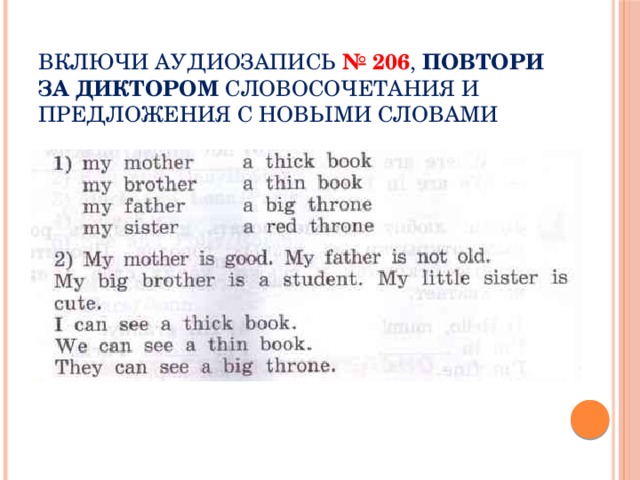 Включи аудиозапись № 206 , ПОВТОРИ ЗА ДИКТОРОМ словосочетания и предложения с новыми словами 