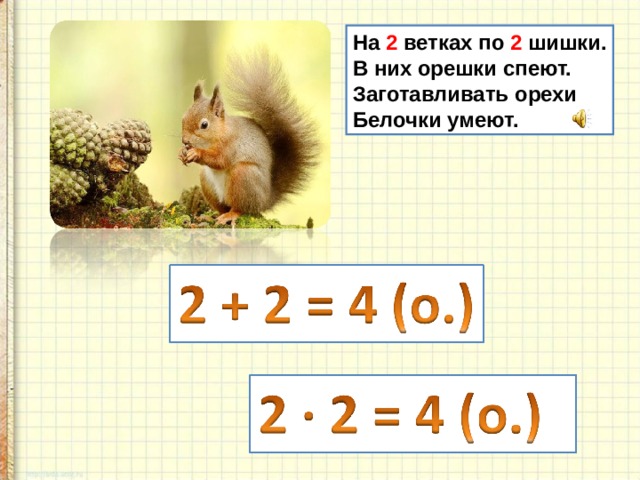 Презентация вычисление результата умножения с помощью сложения. Картинка сколько у белок орешек для детей по математике.