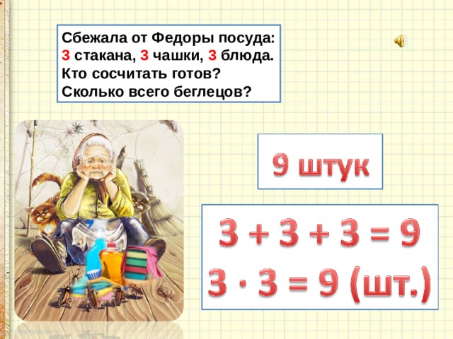 Сколько готов. Сбежала от федоры посуда три стакана три чашки. Задача сбежала от федоры посуда. Сбежала от федоры посуда 3 стакана 3 чашки 3 блюда. Кто сочетать готов сколько было.