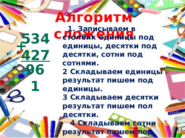 Алгоритм сложения  1. Записываем в столбик единицы под единицы, десятки под десятки, сотни под сотнями.  2 Складываем единицы результат пишем под единицы. 3 Складываем десятки результат пишем пол десятки.  4 Складываем сотни результат пишем под сотнями. 534 427 + 961 