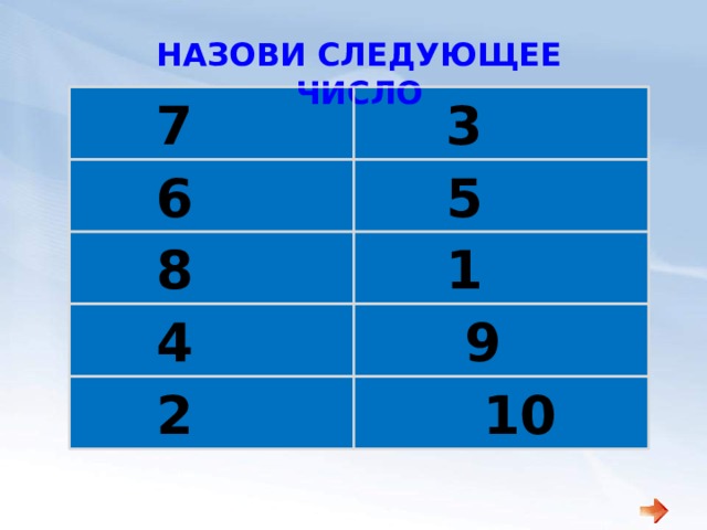 НАЗОВИ СЛЕДУЮЩЕЕ ЧИСЛО   3   7   6 5      8 1    4  9   2    10   