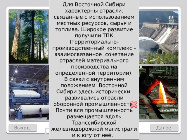 Для Восточной Сибири характерны отрасли, связанные с использованием местных ресурсов, сырья и топлива. Широкое развитие получили ТПК (территориально-производственный комплекс - взаимосвязанное сочетание отраслей материального производства на определенной территории). В связи с внутренним положением Восточной Сибири здесь исторически развивались отрасли оборонной промышленности. Почти вся промышленность размещается вдоль Транссибирской железнодорожной магистрали и к югу от неё. Выход Далее Промышленность 