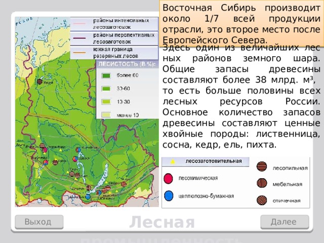 Восточная Сибирь производит около 1/7 всей продукции отрасли, это второе место после Европейского Севера. Здесь один из величайших лес­ных районов земного шара. Общие запасы древесины составляют более 38 млрд. м³, то есть больше половины всех лесных ресурсов России. Основное количе­ство запасов древесины составляют цен­ные хвойные породы: лиственница, сосна, кедр, ель, пихта. Лесная промышленность Выход Далее 