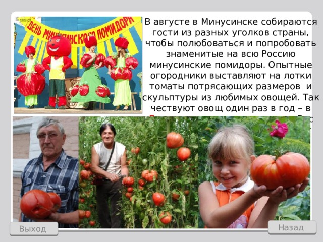 В августе в Минусинске собираются гости из разных уголков страны, чтобы полюбоваться и попробовать знаменитые на всю Россию минусинские помидоры. Опытные огородники выставляют на лотки томаты потрясающих размеров и скульптуры из любимых овощей. Так чествуют овощ один раз в год – в День минусинского помидора .  Вес самого большого помидора 2164г (2011г). Назад Выход 