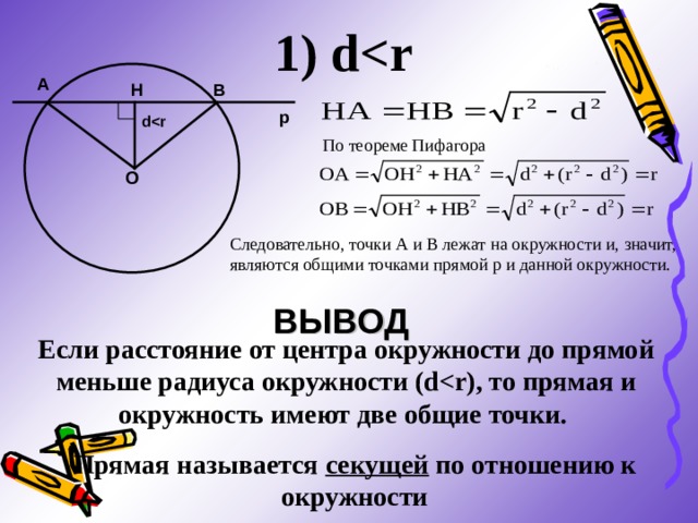 1) dA B H p dПо теореме Пифагора O Следовательно, точки А и В лежат на окружности и, значит, являются общими точками прямой р и данной окружности. ВЫВОД Если расстояние от центра окружности до прямой меньше радиуса окружности (dПрямая называется секущей по отношению к окружности 