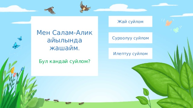 Жай суйлом Мен Салам-Алик айылында жашайм .   Бул кандай суйлом? Суроолуу суйлом Илептуу суйлом 