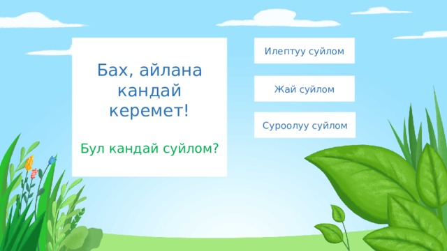 Бах, айлана кандай керемет!   Бул кандай суйлом? Илептуу суйлом Жай суйлом Суроолуу суйлом 