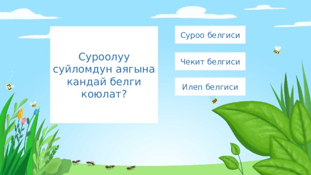 Суроо белгиси Суроолуу суйломдун аягына кандай белги коюлат? Чекит белгиси Илеп белгиси 
