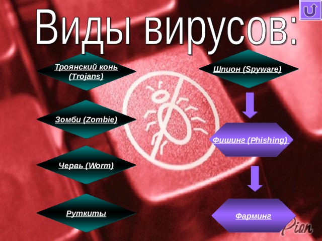 Шпион  ( Spyware )  Троянский конь (Trojans) Зомби ( Zombie) Фишинг ( Phishing )  Червь ( Worm) Руткиты Фарминг 