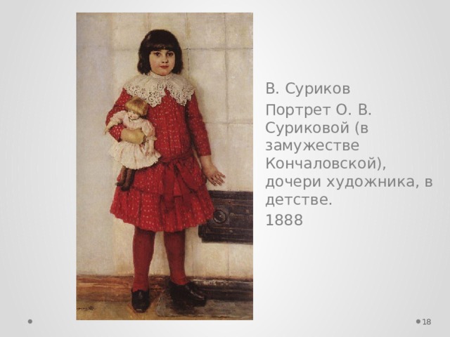 В. Суриков Портрет О. В. Суриковой (в замужестве Кончаловской), дочери художника, в детстве. 1888    