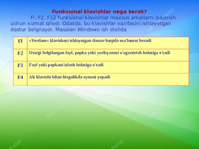 Funksional klavishlar nega kerak?  Fl, F2,  F12 funksional klavishlar maxsus amallarni bajarish uchun xizmat qiladi. Odatda, bu klavishlar vazifasini ishlayotgan dastur belgilaydi. Masalan Windows ish stolida Fl «Yordam» klavishasi ishlayotgan dastur haqida ma'lumot beradi F2 Oxirgi belgilangan fayl, papka yoki yorliq nomi o'zgartirish holatiga o'tadi F3 Fayl yoki papkani izlash holatiga o'tadi F4 Alt klavishi bilan birgalikda oynani yopadi 