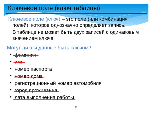 Ключевое поле (ключ таблицы) Ключевое поле (ключ) – это поле (или комбинация полей), которое однозначно определяет запись.  В таблице не может быть двух записей с одинаковым значением ключа. Могут ли эти данные быть ключом? фамилия имя номер паспорта номер дома регистрационный номер автомобиля город проживания дата выполнения работы фамилия имя номер паспорта номер дома регистрационный номер автомобиля город проживания дата выполнения работы   