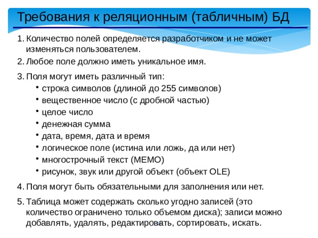 Требования к реляционным (табличным) БД Количество полей определяется разработчиком и не может изменяться пользователем. Любое поле должно иметь уникальное имя. Поля могут иметь различный тип: строка символов (длиной до 255 символов) вещественное число (с дробной частью) целое число денежная сумма дата, время, дата и время логическое поле (истина или ложь, да или нет) многострочный текст (МЕМО) рисунок, звук или другой объект (объект OLE) строка символов (длиной до 255 символов) вещественное число (с дробной частью) целое число денежная сумма дата, время, дата и время логическое поле (истина или ложь, да или нет) многострочный текст (МЕМО) рисунок, звук или другой объект (объект OLE) Поля могут быть обязательными для заполнения или нет. Таблица может содержать сколько угодно записей (это количество ограничено только объемом диска); записи можно добавлять, удалять, редактировать, сортировать, искать.   