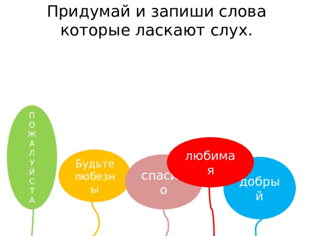 Придумай и запиши слова которые ласкают слух. П О Ж А Л У Й С Т А любимая Будьте любезны спасибо добрый 