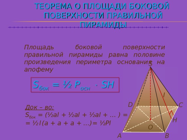 ТЕОРЕМА О ПЛОЩАДИ БОКОВОЙ  ПОВЕРХНОСТИ ПРАВИЛЬНОЙ ПИРАМИДЫ Площадь боковой поверхности правильной пирамиды равна половине произведения периметра основания на апофему S S бок = ½ P осн    SH l  D С Док – во: S бок = (½al  +  ½al  +  ½al + … ) = = ½  l  (a  +  a  +  a + …)= ½Pl  Н О А В 