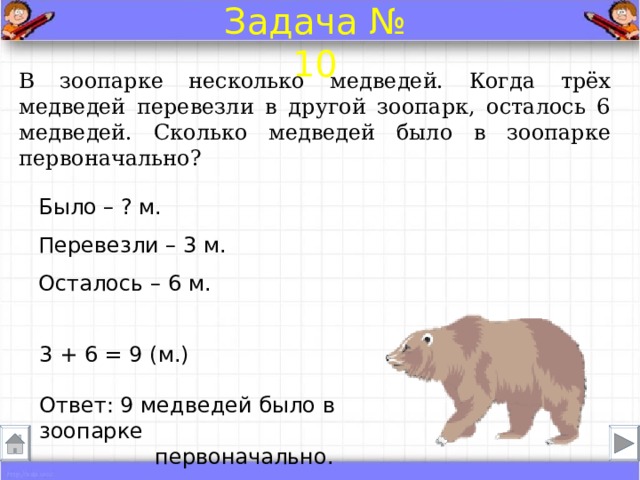 Задача № 10 В зоопарке несколько медведей. Когда трёх медведей перевезли в другой зоопарк, осталось 6 медведей. Сколько медведей было в зоопарке первоначально? Было – ? м.  Перевезли – 3 м.  Осталось – 6 м. 3 + 6 = 9 (м.) Ответ: 9 медведей было в зоопарке первоначально. 