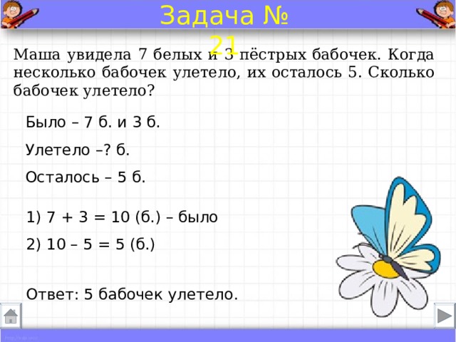 Задача № 21 Маша увидела 7 белых и 3 пёстрых бабочек. Когда несколько бабочек улетело, их осталось 5. Сколько бабочек улетело? Было – 7 б. и 3 б. Улетело –? б.  Осталось – 5 б. 1) 7 + 3 = 10 (б.) – было 2) 10 – 5 = 5 (б.) Ответ: 5 бабочек улетело . 