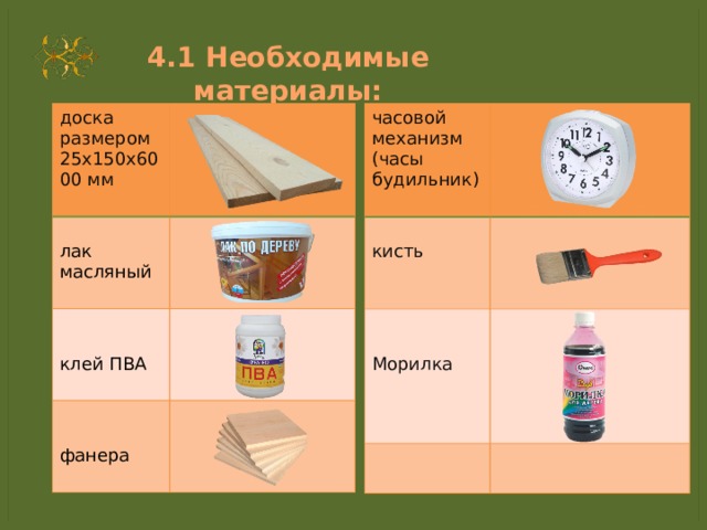 4.1 Необходимые материалы: часовой механизм (часы будильник) доска размером 25х150х6000 мм  лак масляный кисть   Морилка  клей ПВА фанера  