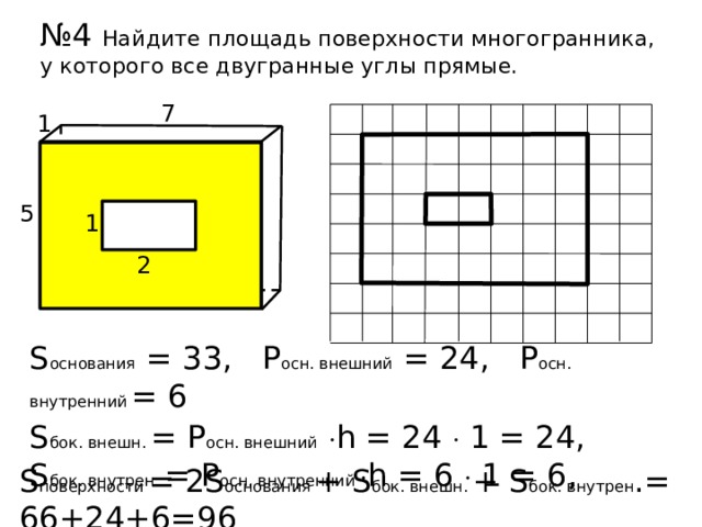 № 4 Найдите площадь поверхности многогранника, у которого все двугранные углы прямые. 7 1 5 1 2 S основания  = 33, Р осн. внешний  = 24, Р осн. внутренний = 6 S бок. внешн. = Р осн. внешний   h = 24  1 = 24, S бок. внутрен. = Р осн. внутренний  h = 6  1 = 6, S поверхности = 2S основания + S бок. внешн. + S бок. внутрен .= 66+24+6=96 
