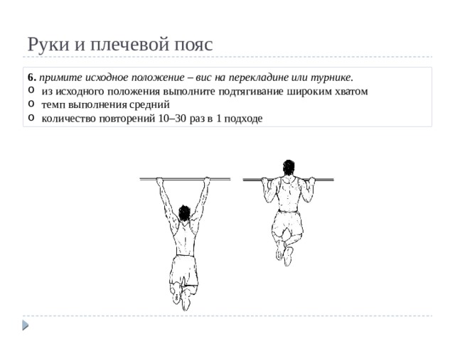 Руки и плечевой пояс 6. примите исходное положение – вис на перекладине или турнике. из исходного положения выполните подтягивание широким хватом темп выполнения средний количество повторений 10–30 раз в 1 подходе 