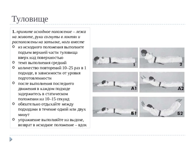 Туловище 1. примите исходное положение – лежа на животе, руки согнуты в локтях и расположены на затылке, ноги вместе из исходного положения выполните подъем верхней части туловища вверх над поверхностью темп выполнения средний количество повторений 10–25 раз в 1 подходе, в зависимости от уровня подготовленности после выполнения последнего движения в каждом подходе задержитесь в статическом положении на 10–15 секунд обязательно отдыхайте между подходами в течение одной или двух минут упражнение выполняйте на выдохе, возврат в исходное положение – вдох 