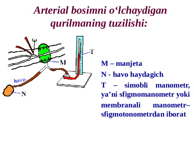 Arterial bosimni o‘lchaydigan qurilmaning tuzilishi: M – manjeta N - havo haydagich T – simobli manometr, ya’ni sfigm о manometr yoki membranali manometr– sfigmotonometrdan iborat 