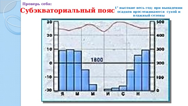 Проверь себя: Субэкваториальный пояс t° высокие весь год; при выпадении осадков прослеживаются сухой и влажный сезоны 