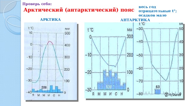 Проверь себя: весь год отрицательные t°; осадков мало Арктический (антарктический) пояс АРКТИКА АНТАРКТИКА 