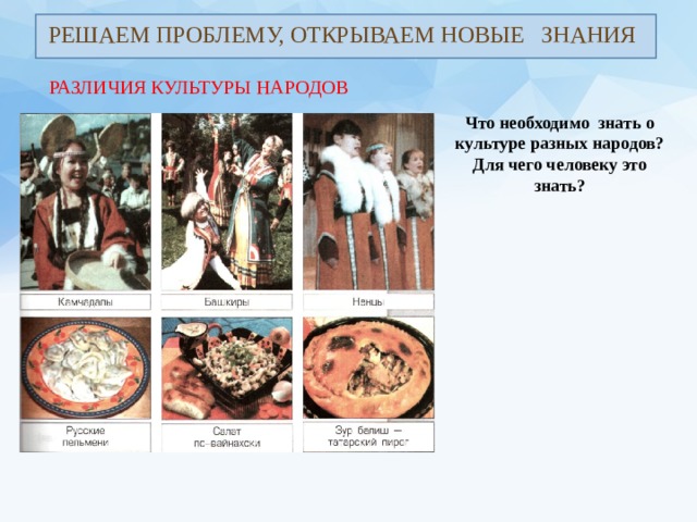 РЕШАЕМ ПРОБЛЕМУ, ОТКРЫВАЕМ НОВЫЕ ЗНАНИЯ  РАЗЛИЧИЯ КУЛЬТУРЫ НАРОДОВ Что необходимо знать о культуре разных народов? Для чего человеку это знать? 