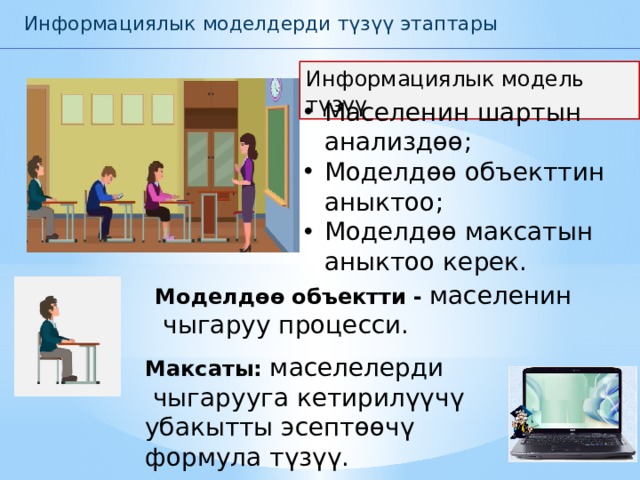 Информациялык моделдерди түзүү этаптары Информациялык модель түзүү Маселенин шартын анализдөө; Моделдөө объекттин аныктоо; Моделдөө максатын аныктоо керек. Моделдөө объектти -  маселенин  чыгаруу процесси. Максаты: маселелерди  чыгарууга кетирилүүчү убакытты эсептөөчү формула түзүү. 