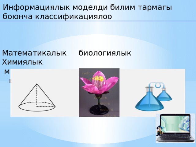 Информациялык моделди билим тармагы боюнча классификациялоо Математикалык биологиялык Химиялык  моделдер моделдер моделдер  