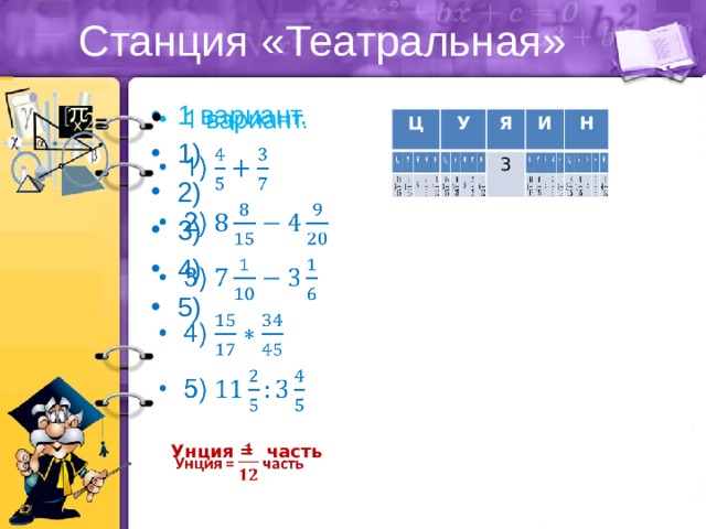 Станция «Театральная»   1 вариант. 1) 2) 3) 4) 5) Ц Ц У У Я Я 3 И 3 И Н Н Унция = часть   