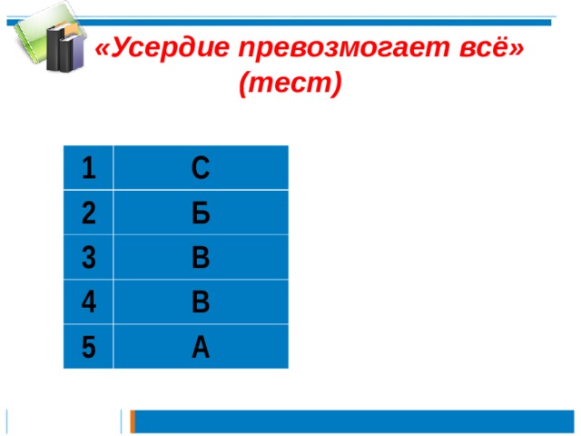   «Усердие превозмогает всё»  (тест)   1 С 2 Б 3 В 4 В 5 А 