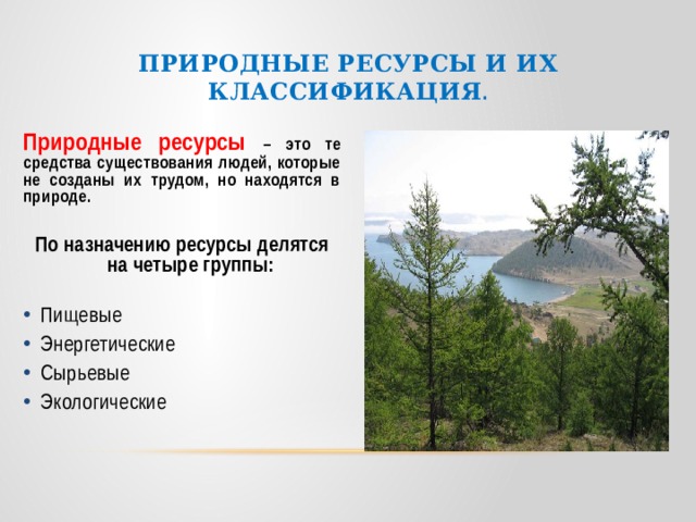 Природные ресурсы и их классификация . Природные ресурсы  – это те средства существования людей, которые не созданы их трудом, но находятся в природе.  По назначению ресурсы делятся на четыре группы:  Пищевые Энергетические Сырьевые Экологические  
