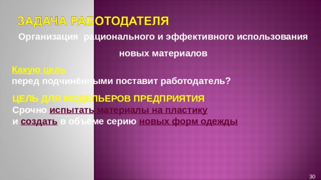 Организация рационального и эффективного использования  новых материалов Какую цель  перед подчинёнными поставит работодатель? ЦЕЛЬ ДЛЯ МОДЕЛЬЕРОВ ПРЕДПРИЯТИЯ Срочно испытать материалы на пластику  и создать в объёме серию новых форм одежды   30 