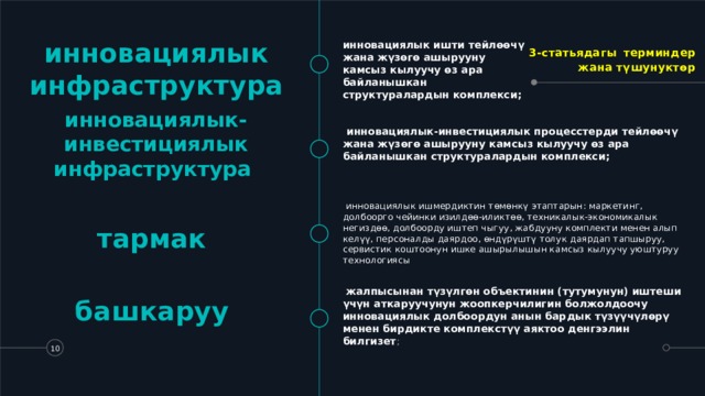 3-статьядагы  терминдер жана түшунуктөр инновациялык ишти тейлөөчү жана жүзөгө ашырууну камсыз кылуучу өз ара байланышкан структуралардын комплекси;  инновациялык инфраструктура инновациялык-инвестициялык инфраструктура    инновациялык-инвестициялык процесстерди тейлөөчү жана жүзөгө ашырууну камсыз кылуучу өз ара байланышкан структуралардын комплекси;    инновациялык ишмердиктин төмөнкү этаптарын: маркетинг, долбоорго чейинки изилдөө-иликтөө, техникалык-экономикалык негиздөө, долбоорду иштеп чыгуу, жабдууну комплекти менен алып келүү, персоналды даярдоо, өндүрүштү толук даярдап тапшыруу, сервистик коштоонун ишке ашырылышын камсыз кылуучу уюштуруу технологиясы тармак  башкаруу  жалпысынан түзүлгөн объектинин (тутумунун) иштеши үчүн аткаруучунун жоопкерчилигин болжолдоочу инновациялык долбоордун анын бардык түзүүчүлөрү менен бирдикте комплекстүү аяктоо денгээлин билгизет ;   