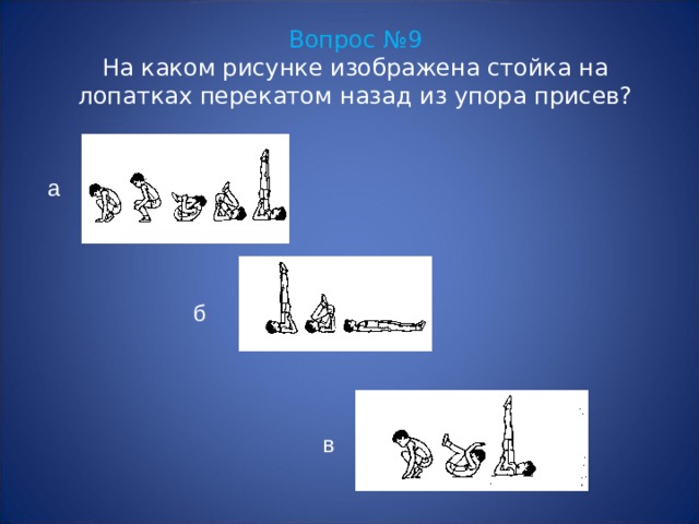 Вопрос №9  На каком рисунке изображена стойка на лопатках перекатом назад из упора присев? а  б  в 