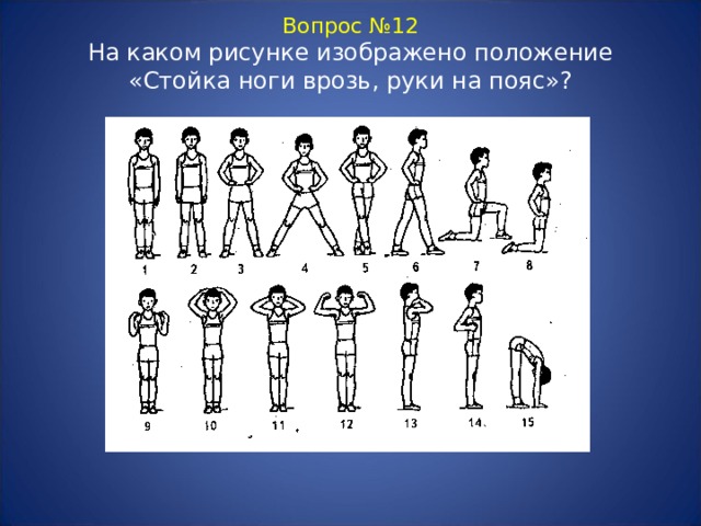 Вопрос №12  На каком рисунке изображено положение «Стойка ноги врозь, руки на пояс»? 